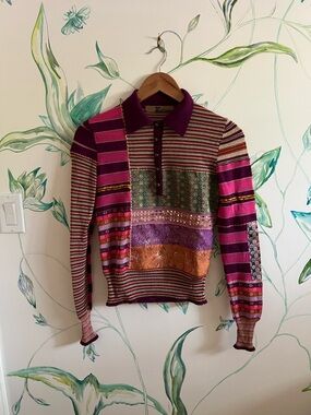 Vintage John Galliano Patchwork Stripe Polo Sweater Magenta Purple